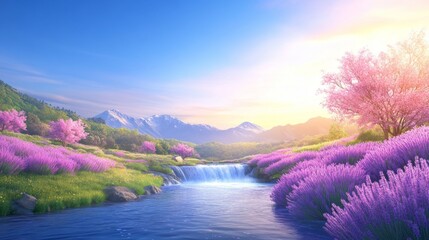 Obraz premium Serene Waterfall Landscape with Lavender and Cherry Blossoms