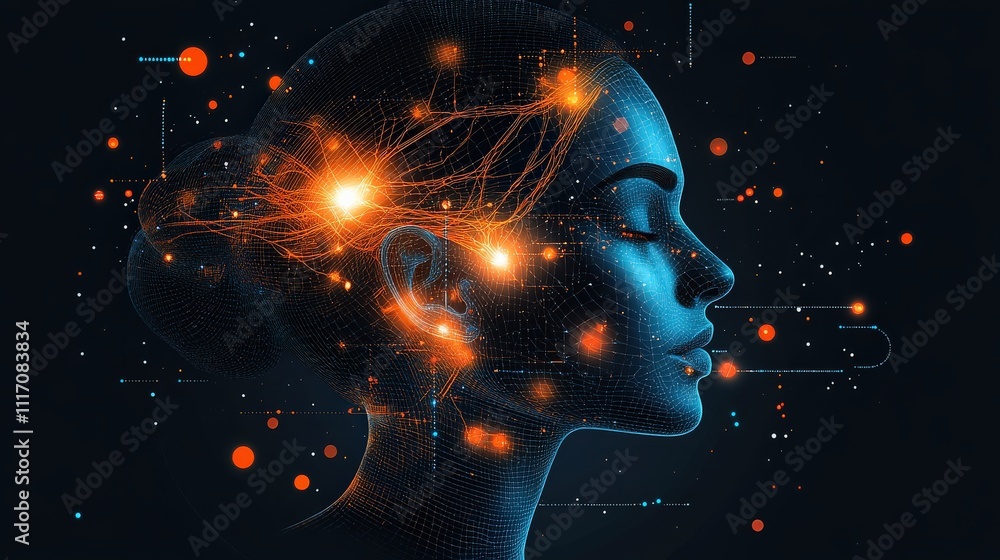 Poster abstract visualization of female profile with neural network lights and digital elements representin