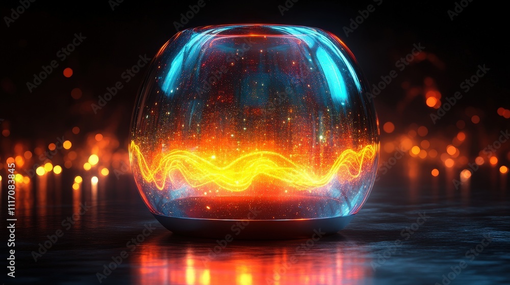 Poster abstract glowing orb with colorful light waves and sparkling background creating a futuristic and en