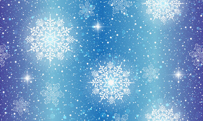 Vector hand drawn seamless winter pattern with snowflakes and stars on astriped blue-violet gradient background