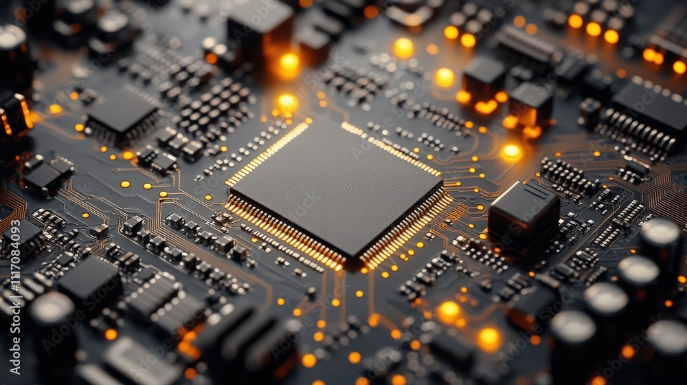 Poster close-up view of a computer circuit board with bright lights and microchips, showcasing technology a