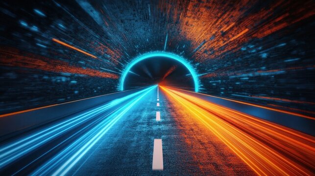 Futuristic Highway Technology Cityscape 2025 Dynamic Motion Blur Neon Lights Night Scene