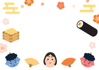 節分のフレーム_鬼とお多福_横