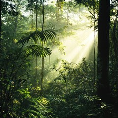 Naklejka premium sunlight breaks through the leaves in the forest