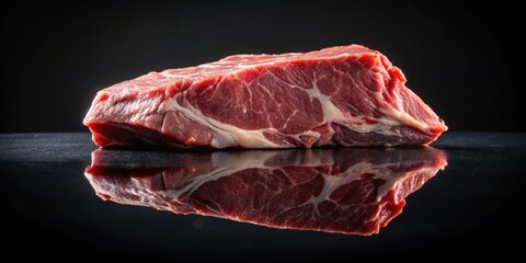 Fresh raw meat on stone board reflected on black background, beef, pork, lamb, steak, fillet, butcher, ingredients, gourmet