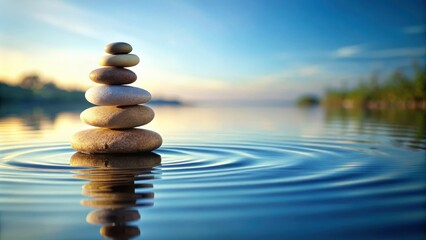 Obraz premium Stacked zen stones balancing delicately over still water surface, zen, stones, balance, calm, reflection