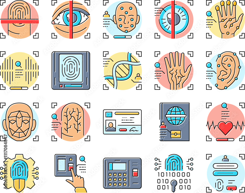Poster biometric fingerprint id finger icons set vector. identity scan, access verification digital recogni