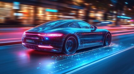 Fototapeta premium Futuristic Sports Car with Neon Lights in Motion on a City Street at Night Showcasing Digital Technology and Innovation in Automotive Design