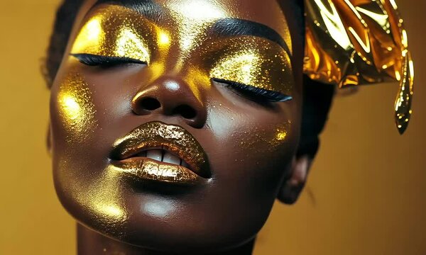 Close-Up of a Young African American Woman with Glossy Gold Exotic Makeup, Glitter, and Afrofuturism Inspired Luxury on a Shimmering Dark Brown Background