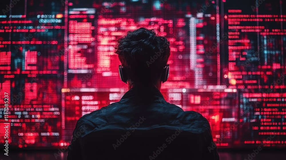 Poster person sitting in front of red digital data display screen with glowing symbols and codes, engaged i