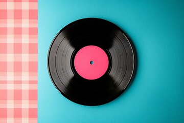 Colorful Vinyl Record on Pink and Blue Gingham Background