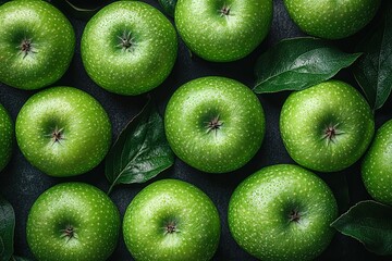 A close-up shot of fresh green apples on a dark surface.