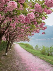 Fototapeta premium Serene Pathway of Pink Cherry Blossoms by Tranquil Lake Shore