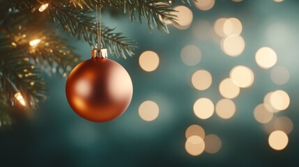 Copper Christmas Ornament on Fir Branch with Bokeh Lights
