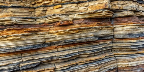 Close-up view of layered metamorphic rock with visible strata and fractures, metamorphic, rock, close-up, layered, strata