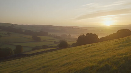 Fototapeta premium Sunrise over rolling green hills and valleys, mist in low areas.