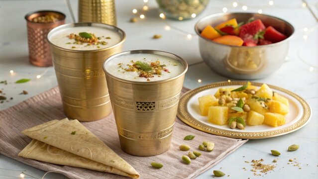 Family-style setup of traditional sweet lassi with snacks
