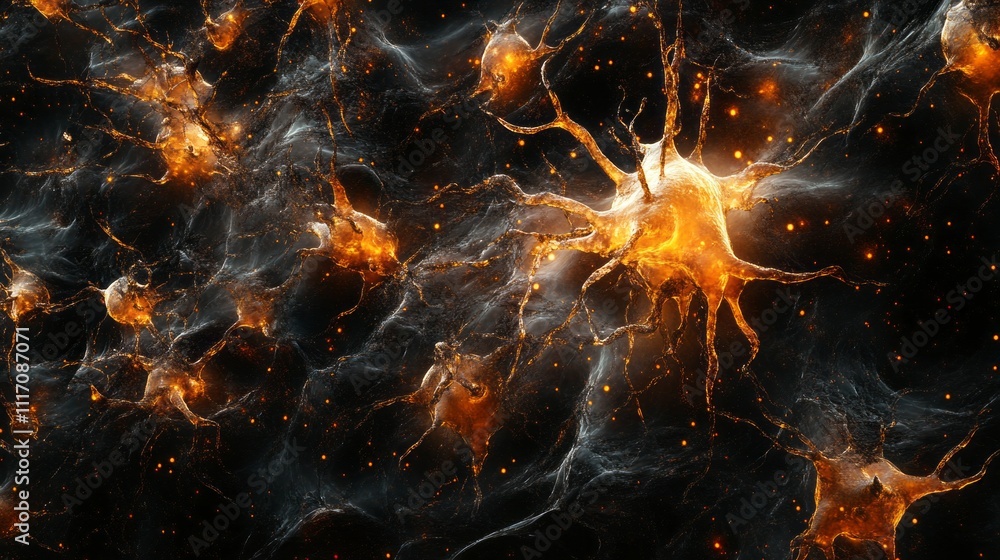 Poster A captivating view of multiple neurons pulsating with energy against a dark, cosmic background. The vibrant colors and intricate details highlight the complexity of neural connections and activities