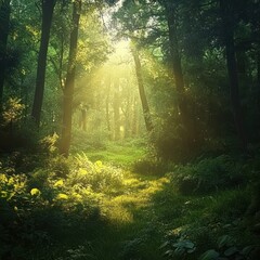 Obraz premium Sunlit Clearing in a Lush Green Forest.