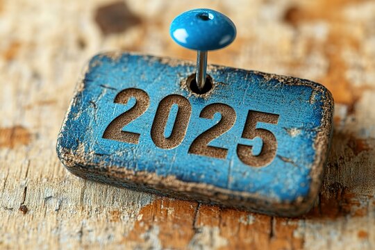 A blue sign with a blue pin on it that says "2025"