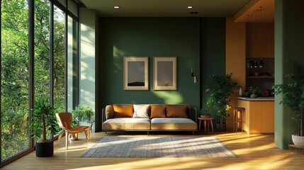 Minimalist Living Room with Green Accent Wall and Scandinavian Furniture in Warm Tones