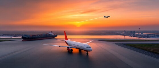 [Multimodal Transport air cargo trade] Serene Airport Runway at Dawn or Dusk: Reflections of Order