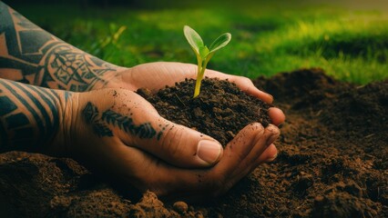 Fototapeta premium Hands Holding Soil with a Small Sprouting Plant, Symbolizing Environmental Growth