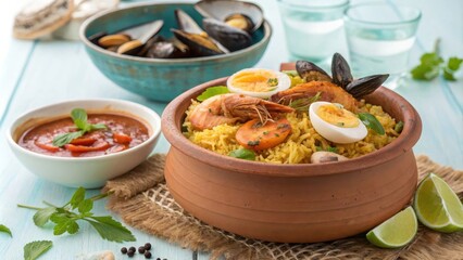 Vibrant seafood biryani served in a clay pot with sides