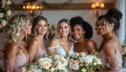 Diverse group of women bridal party celebrating at a wedding reception together toasting with wine champagne glasses at a beautiful venue