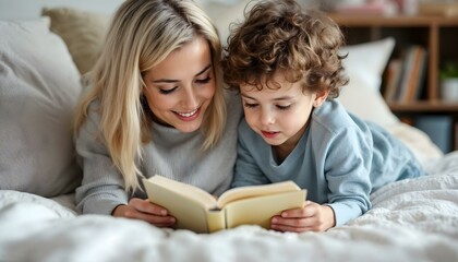 Fototapeta premium A caucasian mother and son reading a book snuggled on the couch at storytime bedtime learning playing stay at home mom healthy relationship and love