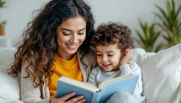 A latina mother and son reading a book snuggled on the couch at storytime bedtime learning playing stay at home mom healthy relationship and love