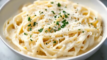 Bowl of creamy pasta Alfredo topped with grated Parmesan and parsley