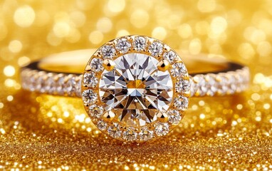 Fototapeta premium A sparkling diamond ring on a glittering golden background, showcasing luxury and elegance.