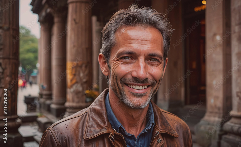 Poster man wearing a brown jacket and blue jeans is smiling. he is standing in front of a building