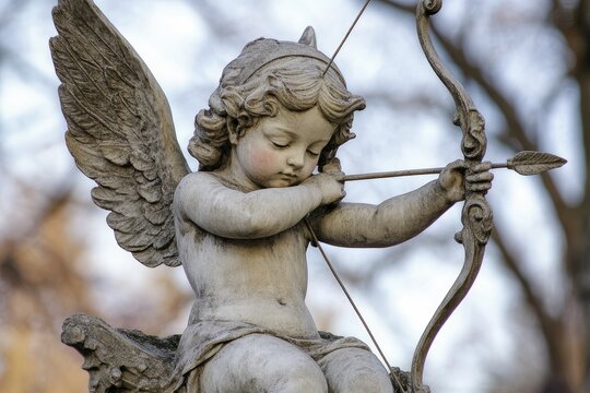 A cherubic cupid statue with wings, poised with bow and arrow.