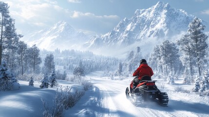 A man clad in vibrant red navigates a snow-covered trail in a stunning winter landscape. Majestic mountains rise in the background, creating a serene and adventurous atmosphere