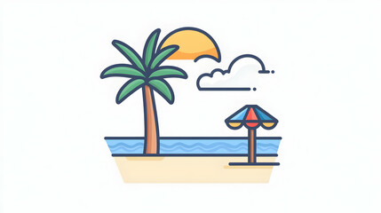 Tropical beach scene with palm tree, umbrella, sun, and clouds.