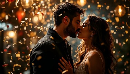 Sexy heterosexual couple kissing at midnight in a club at a new years party with gold confetti love magic champagne