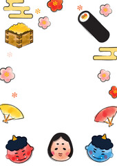 水彩、節分のフレーム_鬼とお多福_縦