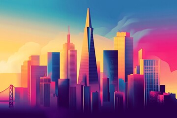 Obraz premium Vibrant Flat Style Cityscape of San Francisco with Colorful Buildings