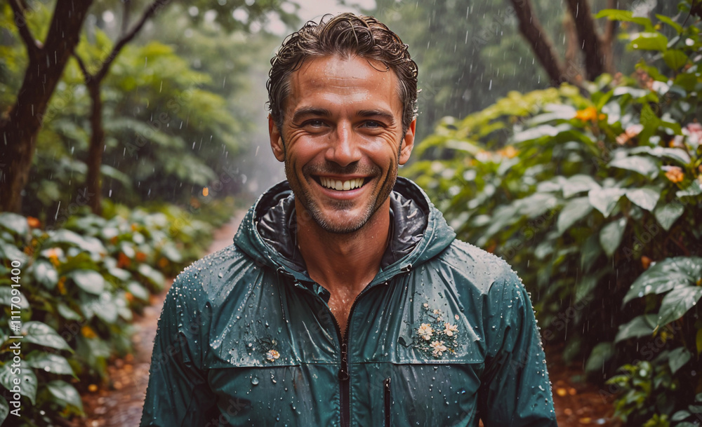 Poster man is smiling in the rain. he is wearing a green jacket. the jacket is wet