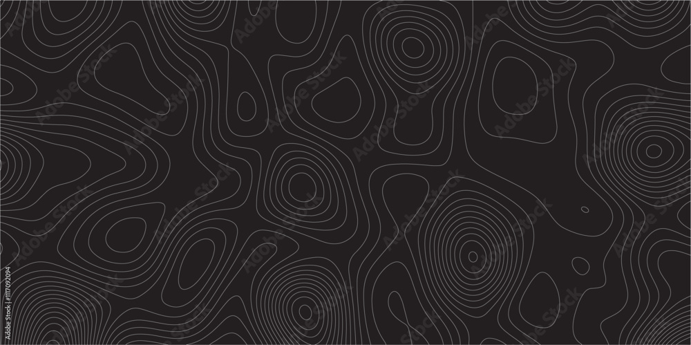 Poster Abstract white on black background Topographic line map pattern. Contour elevation topographic and textured Background Modern design with black background with topographic wavy patted.	