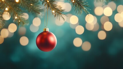 Red Christmas Ornament Hanging on a Christmas Tree Branch with Bokeh Lights