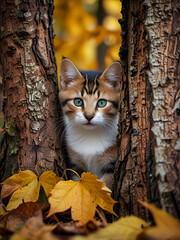 Cute Cat Among Fall Leaves generate by AI
