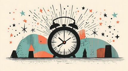 Whimsical Alarm Clock Illustration With Stars and Abstract Background