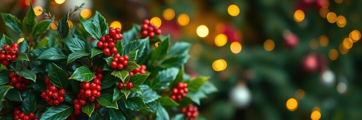 Obraz premium Soft focus image of a holly bush against an evergreen Christmas background with warm and cozy lighting, evergreen plants, nature landscape