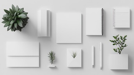 Minimalist Brand Mockup with Small Plant Stationery on White Background for Modern Design innovation Concept.