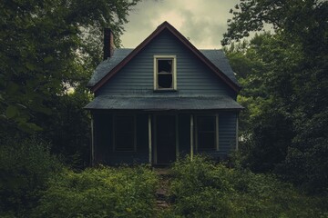 Abandoned house in overgrown forest.