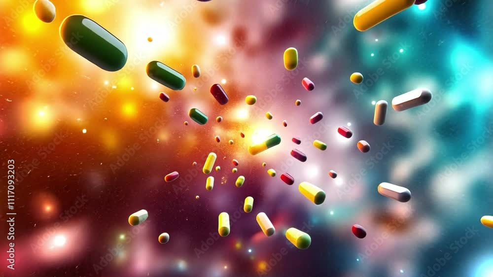 Poster colorful capsules float in a vibrant, abstract background with dynamic light effects