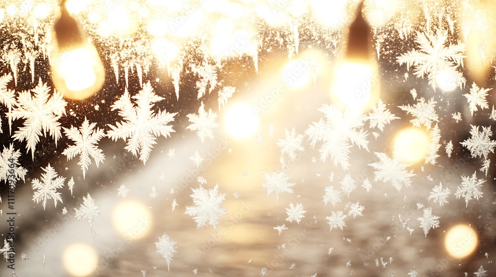 Poster frosty window with snowflake patterns and warm bokeh lights.